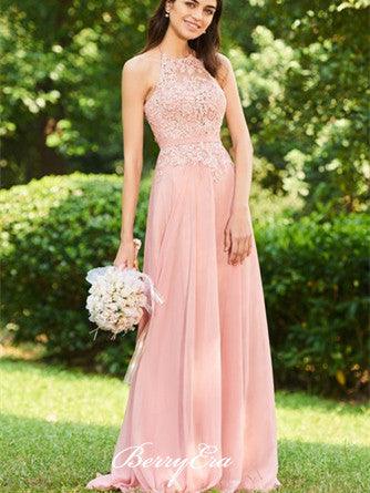 Pink Lace Top Chiffon Long Bridesmaid Dresses, Lovely Bridesmaid Dresses - RongMoon