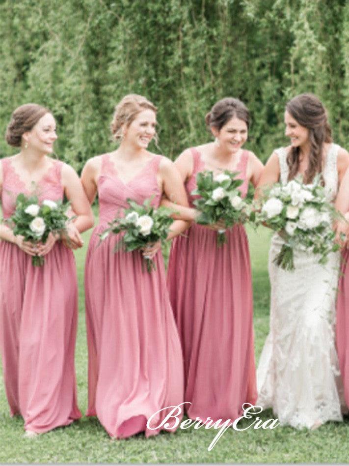 V-neck Dusty Rose Lace Chiffon A-line Bridesmaid Dresses - RongMoon