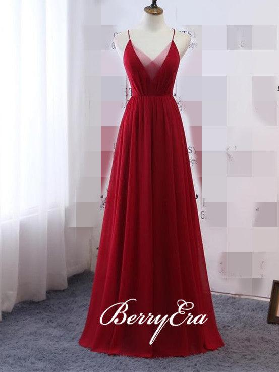 Red Chiffon Long A-line Bridesmaid Dresses, Popular Bridesmaid Dresses - RongMoon