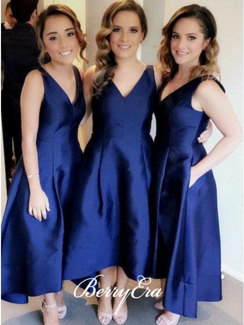 V-neck A-line Navy Satin Bridesmaid Dresses, Wedding Guest Dresses - RongMoon