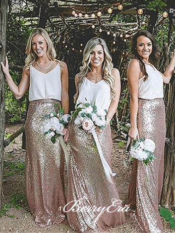 Simple V-neck Boho Style Long Sequin Bridesmaid Dresses - RongMoon