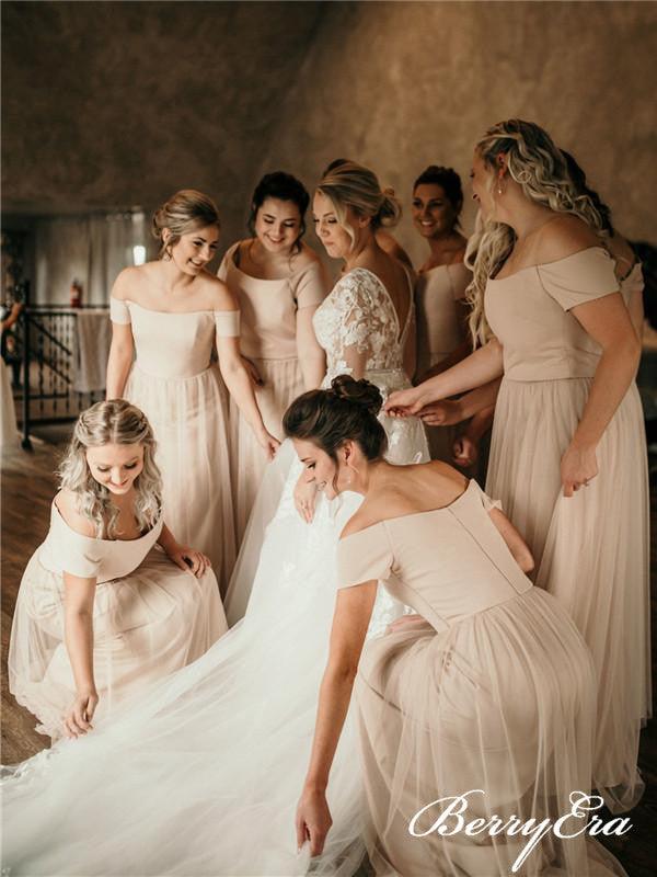Off Shoulder Long A-line Tulle Bridesmaid Dresses - RongMoon