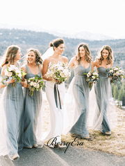 Convertible Light Grey Tulle Long Bridesmaid Dresses - RongMoon