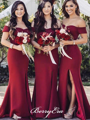 Off Shoulder Long Mermaid Burgundy Side Slit Bridesmaid Dresses - RongMoon