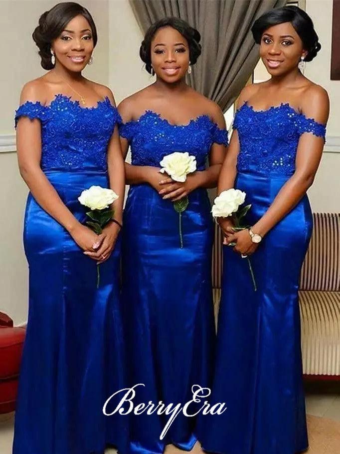 Off Shoulder Lace Top Royal Blue Sheath Long Bridesmaid Dresses - RongMoon
