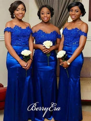 Off Shoulder Lace Top Royal Blue Sheath Long Bridesmaid Dresses - RongMoon