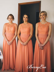 Sleeveless Orange Lace Chiffon A-line Long Bridesmaid Dresses - RongMoon