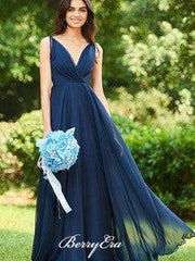 V-neck Navy Chiffon A-line Bridesmaid Dresses, Simple Bridesmaid Dresses - RongMoon
