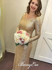 Long Sleeves Scoop Sheath Gold Sequin Bridesmaid Dresses - RongMoon