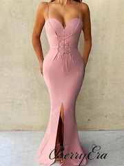 Spaghetti Front Slit Mermaid Dusty Pink Bridesmaid Dresses - RongMoon