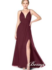 Burgundy Long A-line Chiffon Bridesmaid Dresses - RongMoon