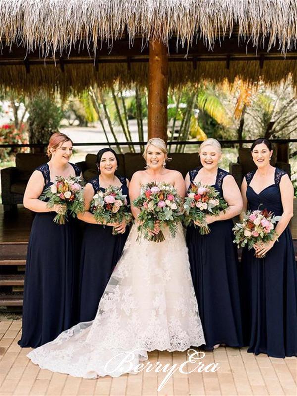 Elegant Lace Chiffon Navy Long Bridesmaid Dresses - RongMoon