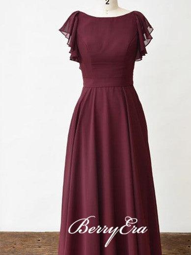 Lovely Cap Sleeve Maroon Chiffon A-line Long Bridesmaid Dresses - RongMoon