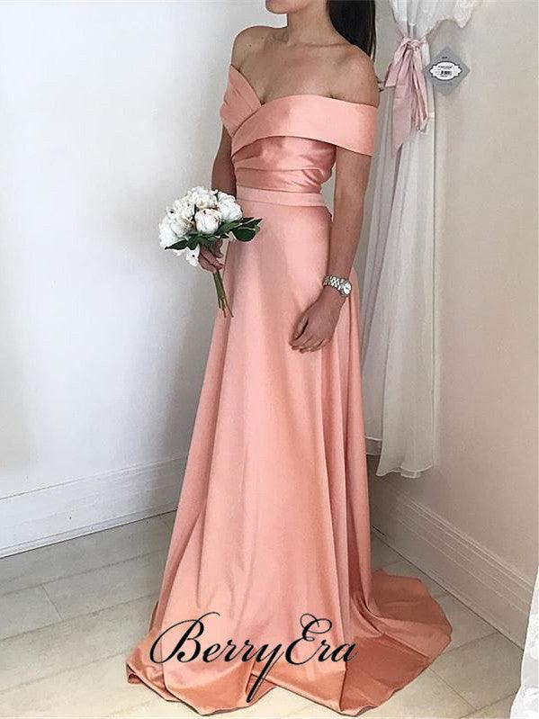 Off Shoulder Peach Elastic Satin Long Bridesmaid Dresses - RongMoon