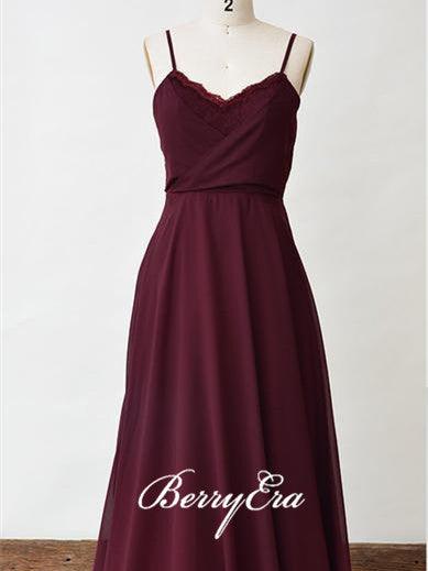 Spaghetti Maroon Long A-line Chiffon Lace Bridesmaid Dresses - RongMoon