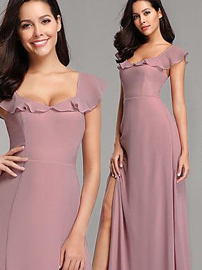 Long A-line Side Slit Purple Chiffon Bridesmaid Dresses - RongMoon
