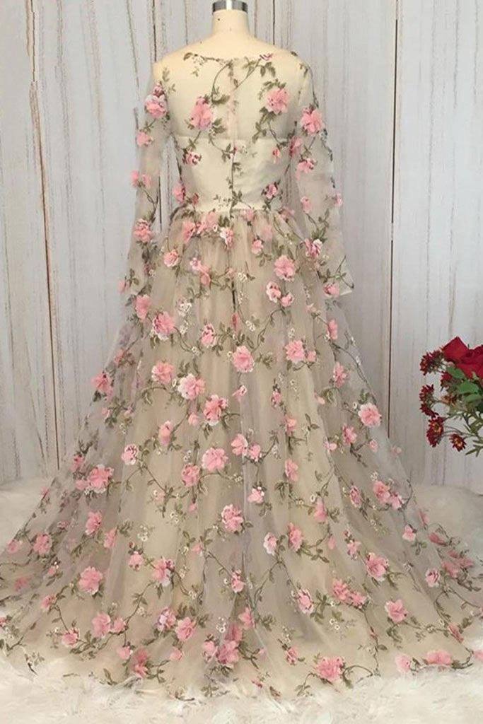 Champagne v neck tulle 3D flowers long prom dress champagne evening dress - RongMoon