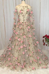 Champagne v neck tulle 3D flowers long prom dress champagne evening dress - RongMoon
