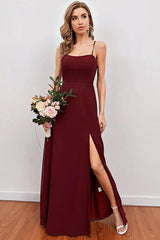 Burgundy Spaghetti Straps Long Bridesmaid Dress with Split - RongMoon