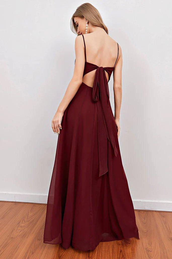Burgundy Spaghetti Straps Long Bridesmaid Dress with Split - RongMoon