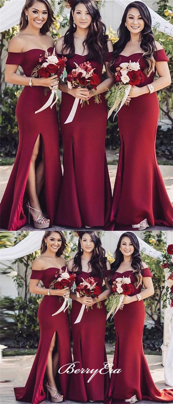 Off Shoulder Long Mermaid Burgundy Side Slit Bridesmaid Dresses - RongMoon