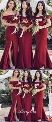 Off Shoulder Long Mermaid Burgundy Side Slit Bridesmaid Dresses - RongMoon