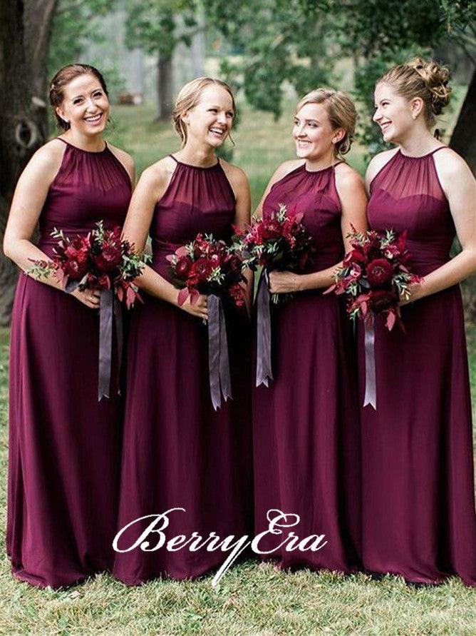 Halter Burgundy Chiffon Long A-line Bridesmaid Dresses - RongMoon