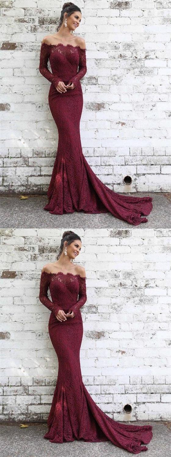 Off Shoulder Mermaid Lace Long Sleeves Prom Dresses - RongMoon