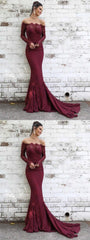 Off Shoulder Mermaid Lace Long Sleeves Prom Dresses - RongMoon
