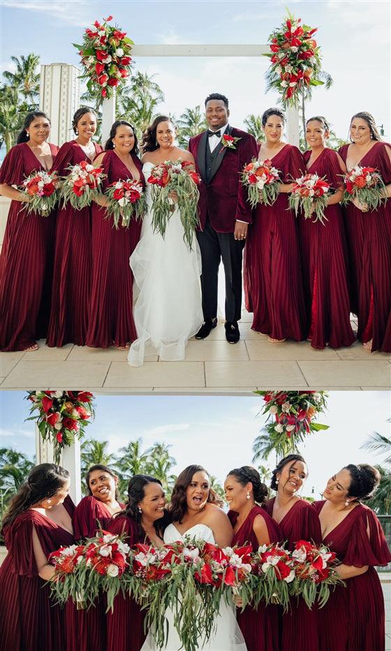 V-neck Half Sleeves Burgundy Chiffon Bridesmaid Dresses, Lovely Bridesmaid Dresses, 2020 Bridesmaid Dresses - RongMoon