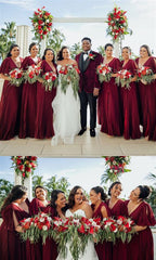 V-neck Half Sleeves Burgundy Chiffon Bridesmaid Dresses, Lovely Bridesmaid Dresses, 2020 Bridesmaid Dresses - RongMoon