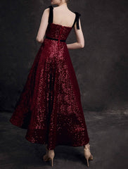 A-Line Bridesmaid Dress Spaghetti Strap / Strapless Sleeveless Elegant Asymmetrical / Ankle Length Sequined with Pleats - RongMoon