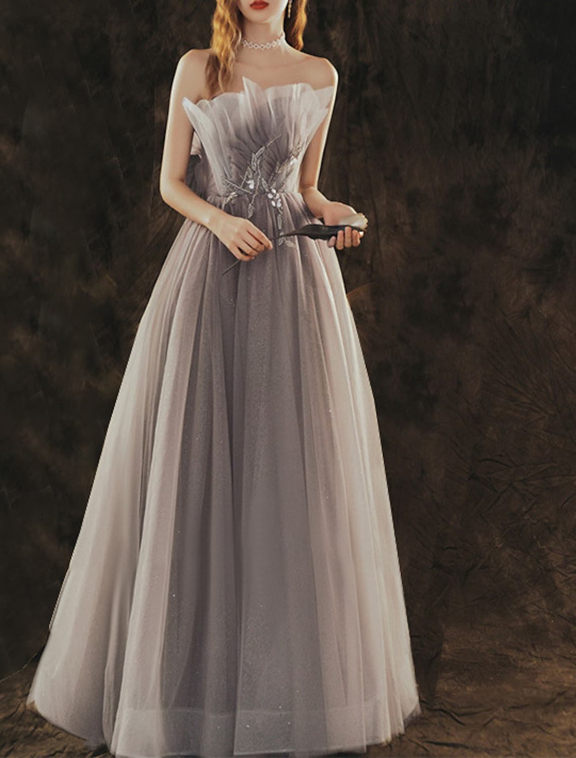 Tulle Appliques Gray A Line Prom Dress
