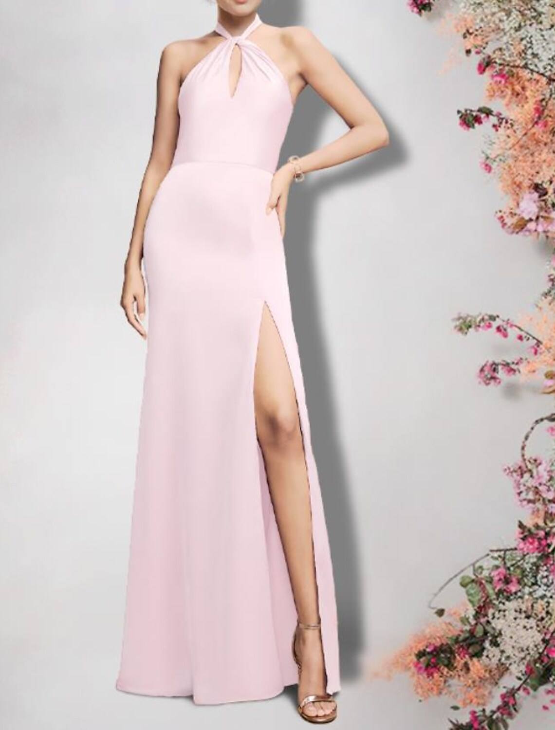 Sheath / Column Bridesmaid Dress Halter Neck Sleeveless Sexy Floor Length Chiffon with Split Front - RongMoon
