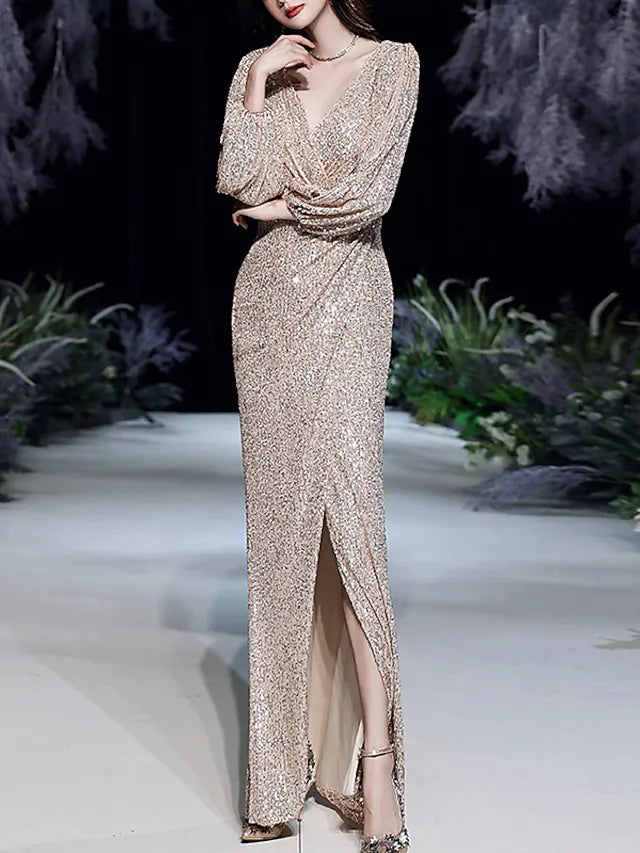 Gold Long Sleeve Sequin Prom Dress With Slit