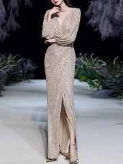 Gold Long Sleeve Sequin Prom Dress With Slit