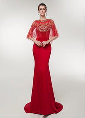 Spandex Jewel Red Half Sleeves Mermaid Evening Dress
