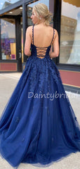 Charming Spaghetti Strap A-line Tulle Lace Long Prom Dresses Evening Dresses.DB10609