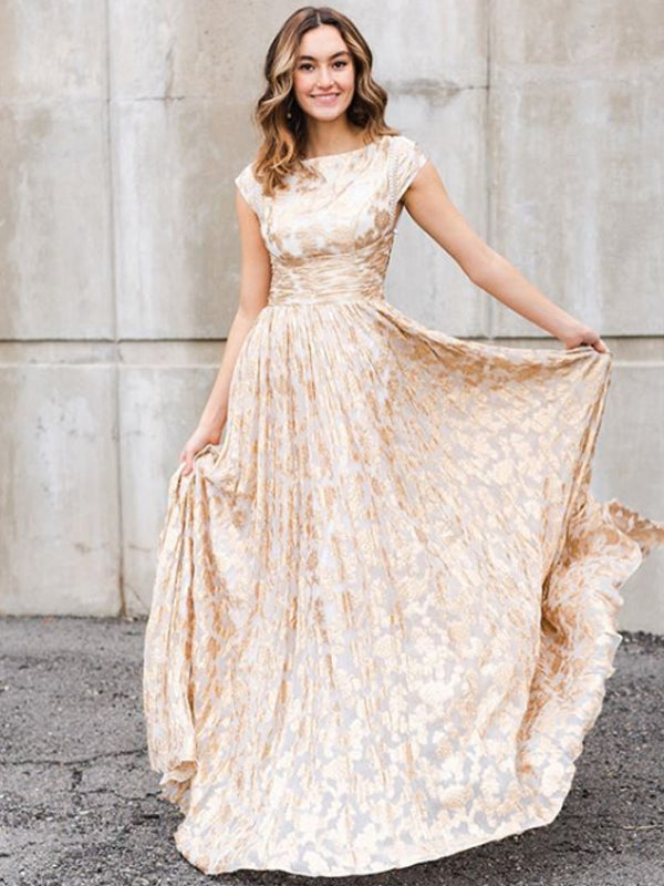 Affordable Bateau Cap Sleeve Tulle Lace A-line Long Prom Dresses Evening Dresses.DB10675