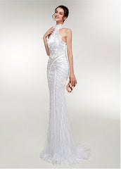 Tulle High Collar White Long Mermaid Evening Dress