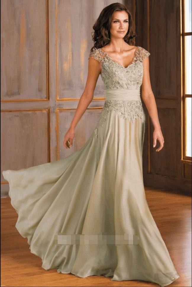 Cap-Sleeved V-Neck Long Mother Of The Bride Dress With Appliques And V-Back - RongMoon