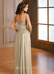 Cap-Sleeved V-Neck Long Mother Of The Bride Dress With Appliques And V-Back - RongMoon