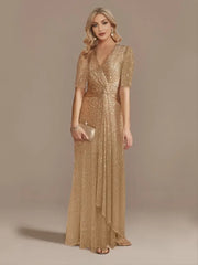 Pink Sequin Short Sleeve Party Prom Dress