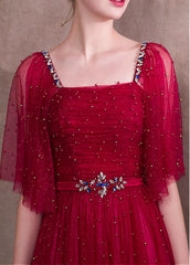 Lace Square Burgundy Evening Dress With Beadings & Belt