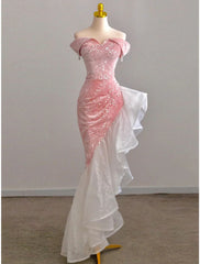 Mermaid / Trumpet Prom Dresses Party Dress Evening Party Floor Length Sleeveless Off Shoulder Tulle with Pearls Sequin