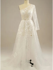 One Shoulder Lace See Through Wedding Dress With Slit