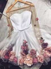 Chic A-line V neck Hand-Made Flower Homecoming Dresses Unique Short Dress Long Sleeve Homecoming Dresses cg108