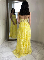 Charming A-Line Spaghetti Straps Floor-Length Yellow Lace Prom Dress    cg12625