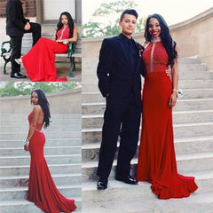 Red Halter Backless Long Mermaid Prom Dresses Mermaid Beaded Plus Size   cg12911