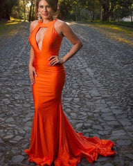 Simple High Neck Orange Cutout Satin Mermaid Prom Dress    cg13251